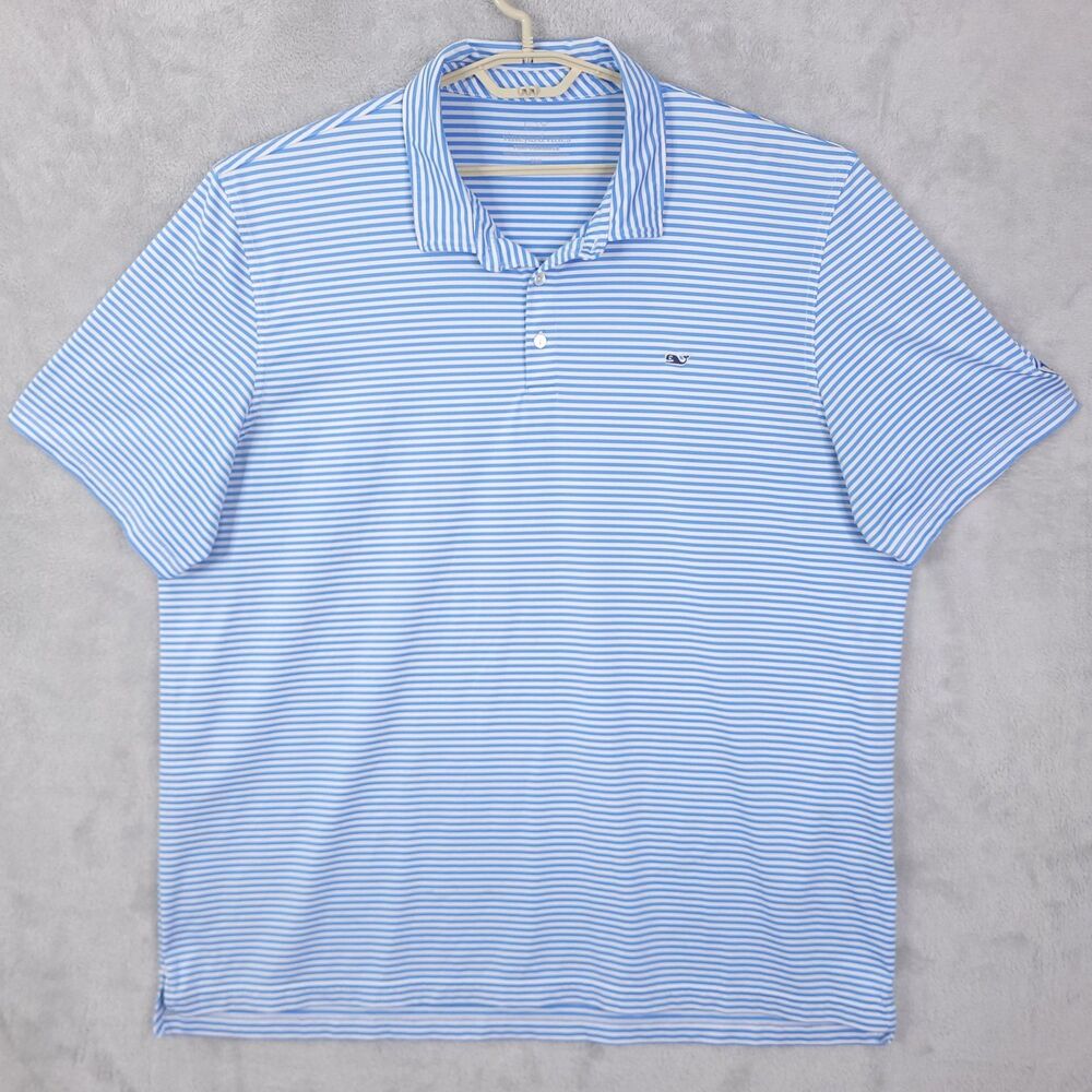 Vineyard Vines Polo Shirt Mens Sz 2XL Blue White Performance Stripe Stretch Golf